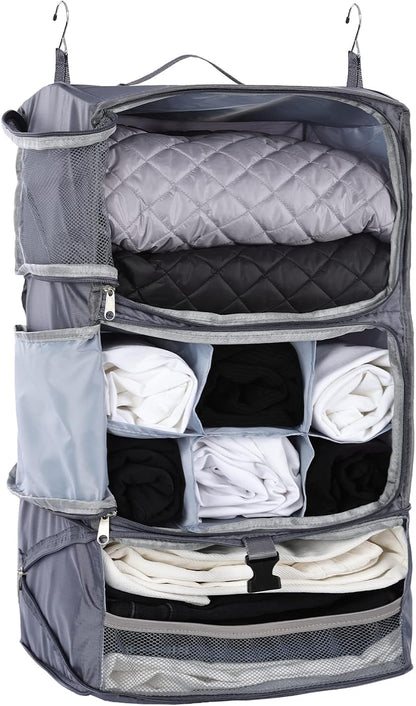 TABITORA Travel Portable Hanging Shelves Closet Organizer Packing Luggage Storage with Multifunctional and Foldable Invisible Compartment,Lightweight, for Suitcase, RV,Closet…Grey,XL