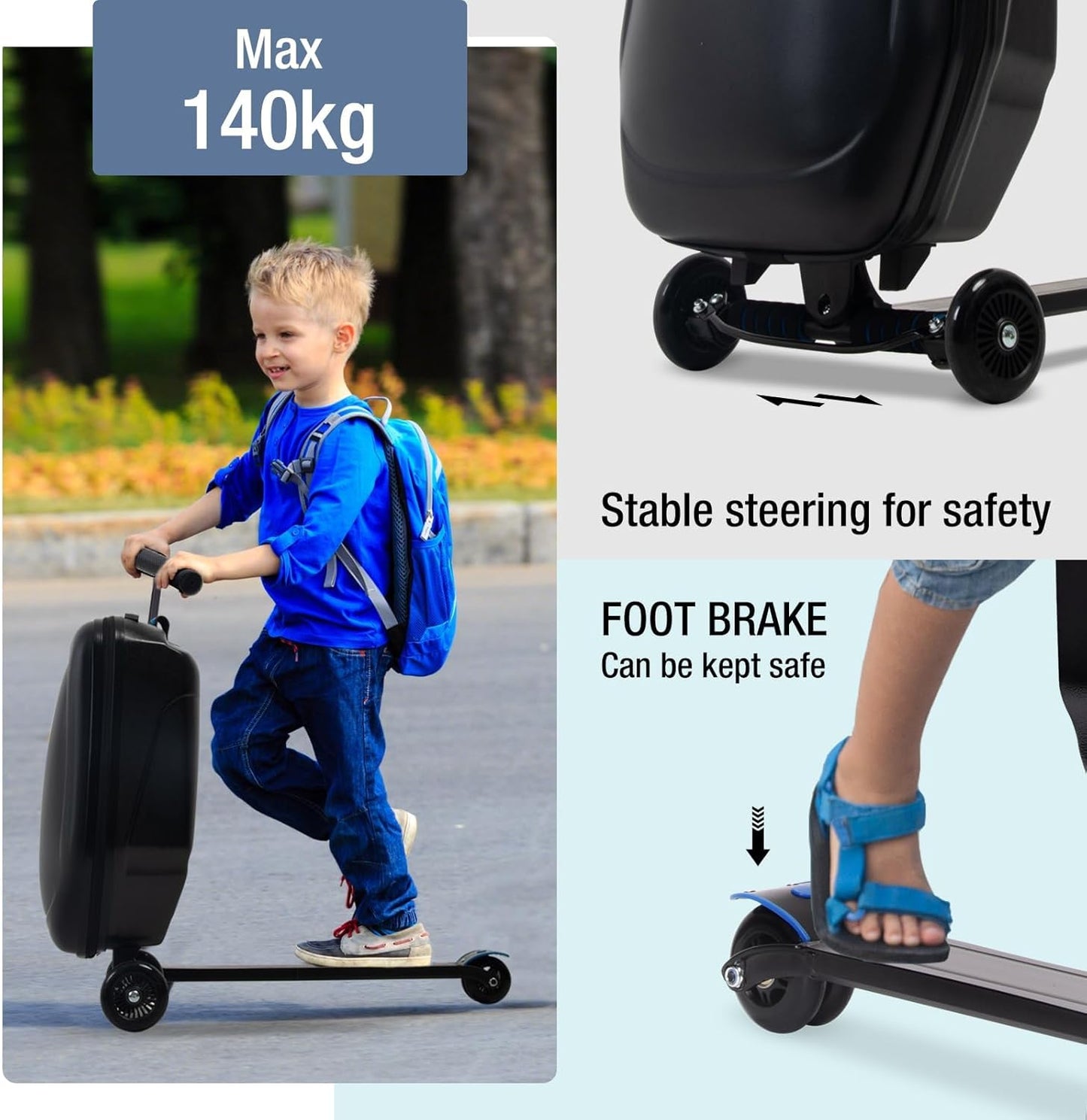 20" Scooter Suitcase for Kids, 2-in-1 Ride On Luggage with Wheels for Boys & Girls Ages 4-15, Foldable Hardshell Carry On Lightweight Travel Suitcase for Airplane