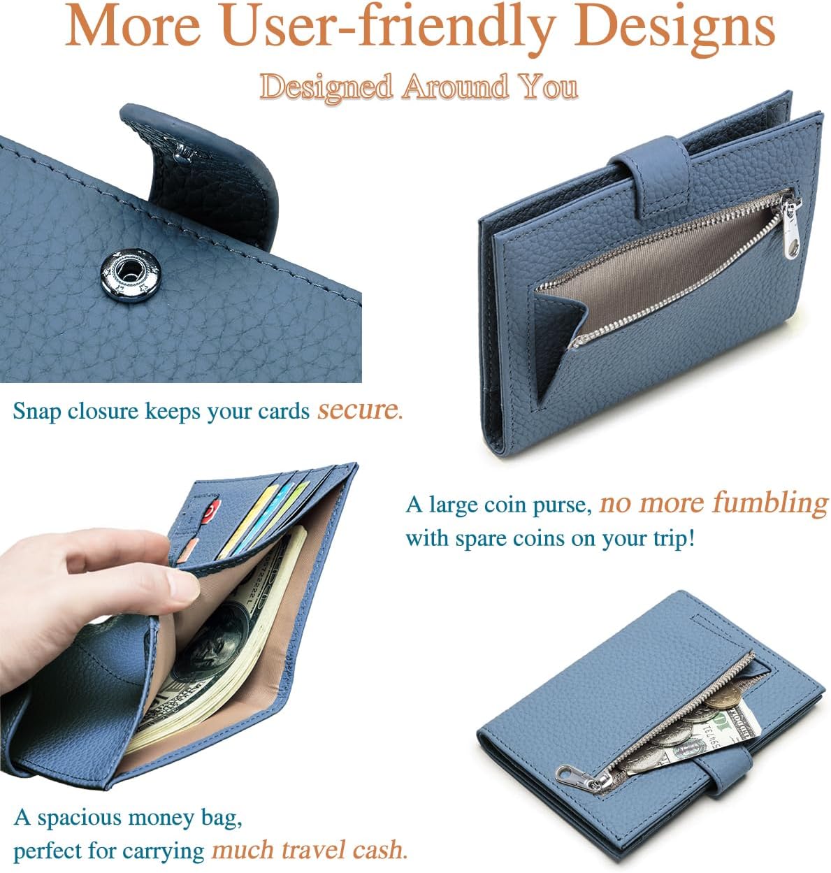 Slim RFID Leather Passport Holder for Travel Women & Men – Compact Travel Passport Wallet with Passport Slot & Card Slots, Zippered Coin Pocket & Travel Passport Cover Case – Denim Blue