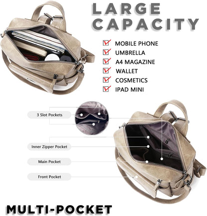 PU Leather Backpack Purse for Women Fashion Multipurpose Design Handbag Ladies Shoulder Bags Travel Backpack Beige
