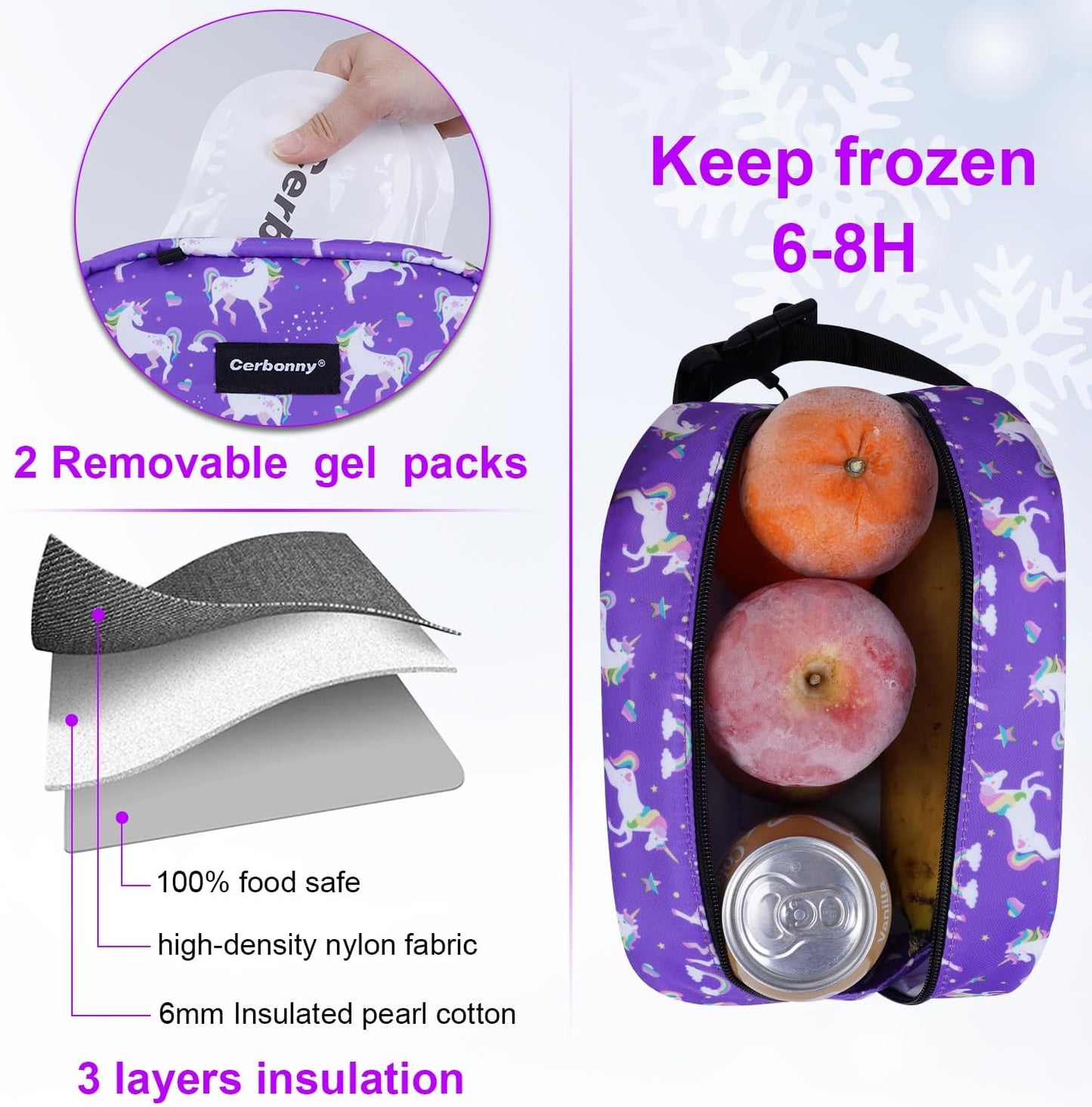Cerbonny Small Freezable Cooler Bag for Work, School, Travel - Insulated Lunch Bag for Kids/Adults, Mini Size Fits Yogurt - Suitable for 3+ (Purple Unicorn)
