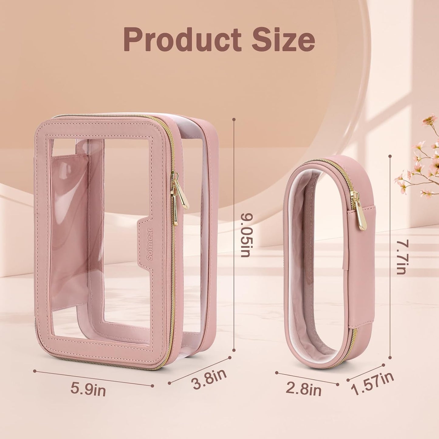 Travel Clear Makeup Bag with Makeup Brush Bag, Leather Makeup Case Toiletry Bag, Portable Cosmetic Bag Case, Transparent Waterproof Cosmetic Organizer Storage Bag for Women, Pink