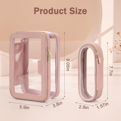 Travel Clear Makeup Bag with Makeup Brush Bag, Leather Makeup Case Toiletry Bag, Portable Cosmetic Bag Case, Transparent Waterproof Cosmetic Organizer Storage Bag for Women, Pink