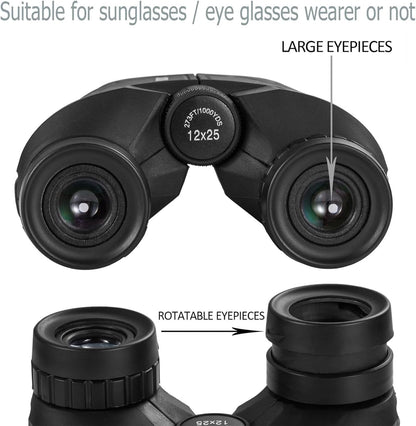 Occer 12x25 Compact Binoculars for Adults and Kids, Large Eyepiece Waterproof Binocular with Low Light Vision,High Powered Easy Focus Binoculars for Bird Watching,Outdoor Hunting,Travel,Sightseeing