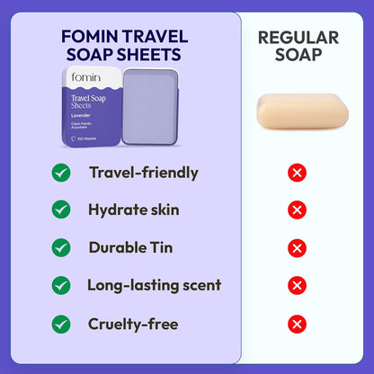 FOMIN - Antibacterial Paper Soap Sheets Tin for Traveling - (300 Sheets) Variety Pack (Unscented, Orange, Lavender) Portable Travel Hand Soap Sheet, Dissolvable Mini Camping Hand Soap for Hand Washing