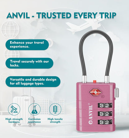 ANVIL TSA Approved Luggage Locks – High Security TSA008 Combination Travel Locks with Inspection Indicator for Suitcases and Backpacks. (3, Rose Purple)