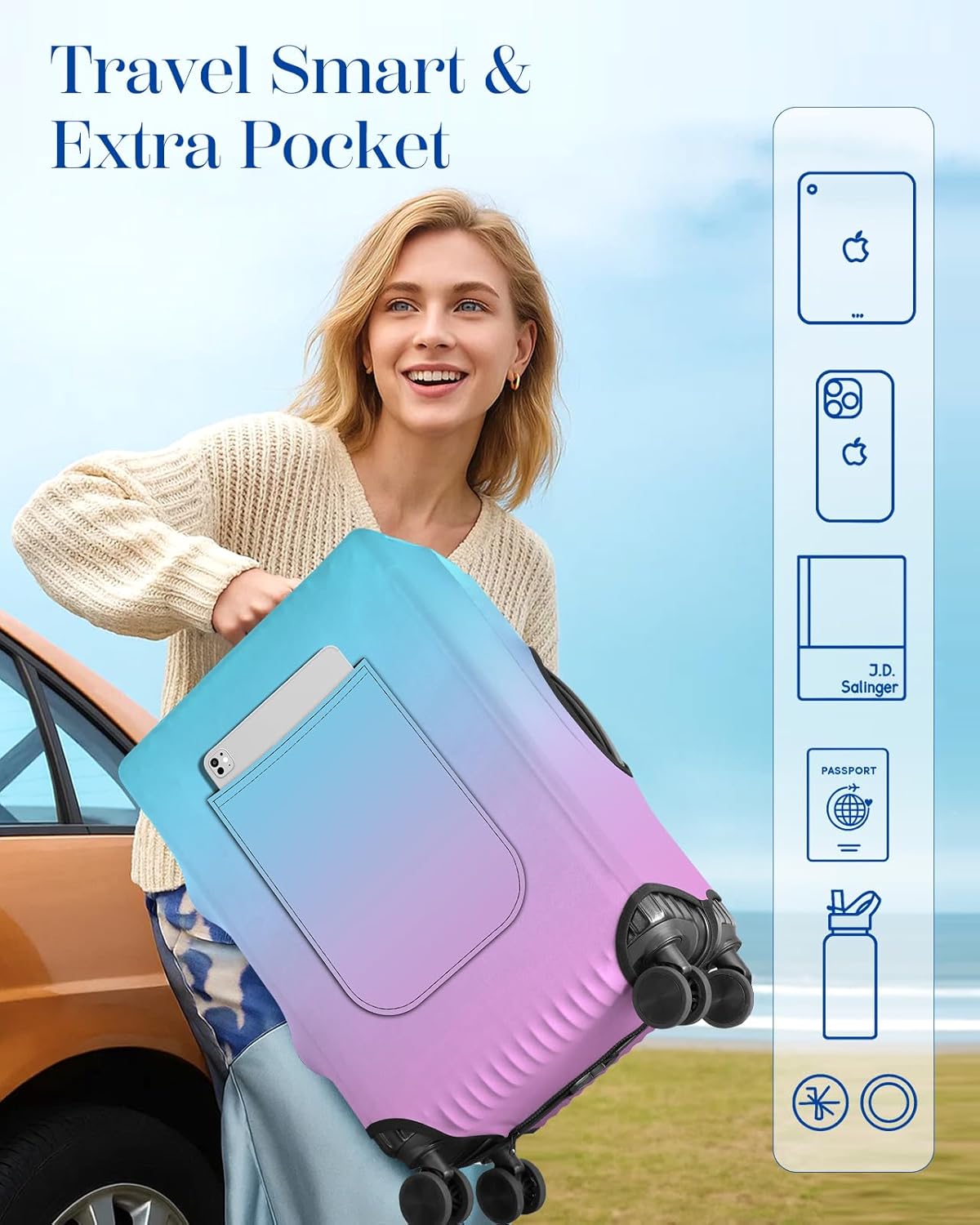 Slohif Luggage Cover for Suitcase Tsa Approved Protector - Luggage Sleeve Large Suit Case Cover Travel Stretch Baggage Case Protective Washable Fit 18-20 Inch Blue Rose Gradient XS