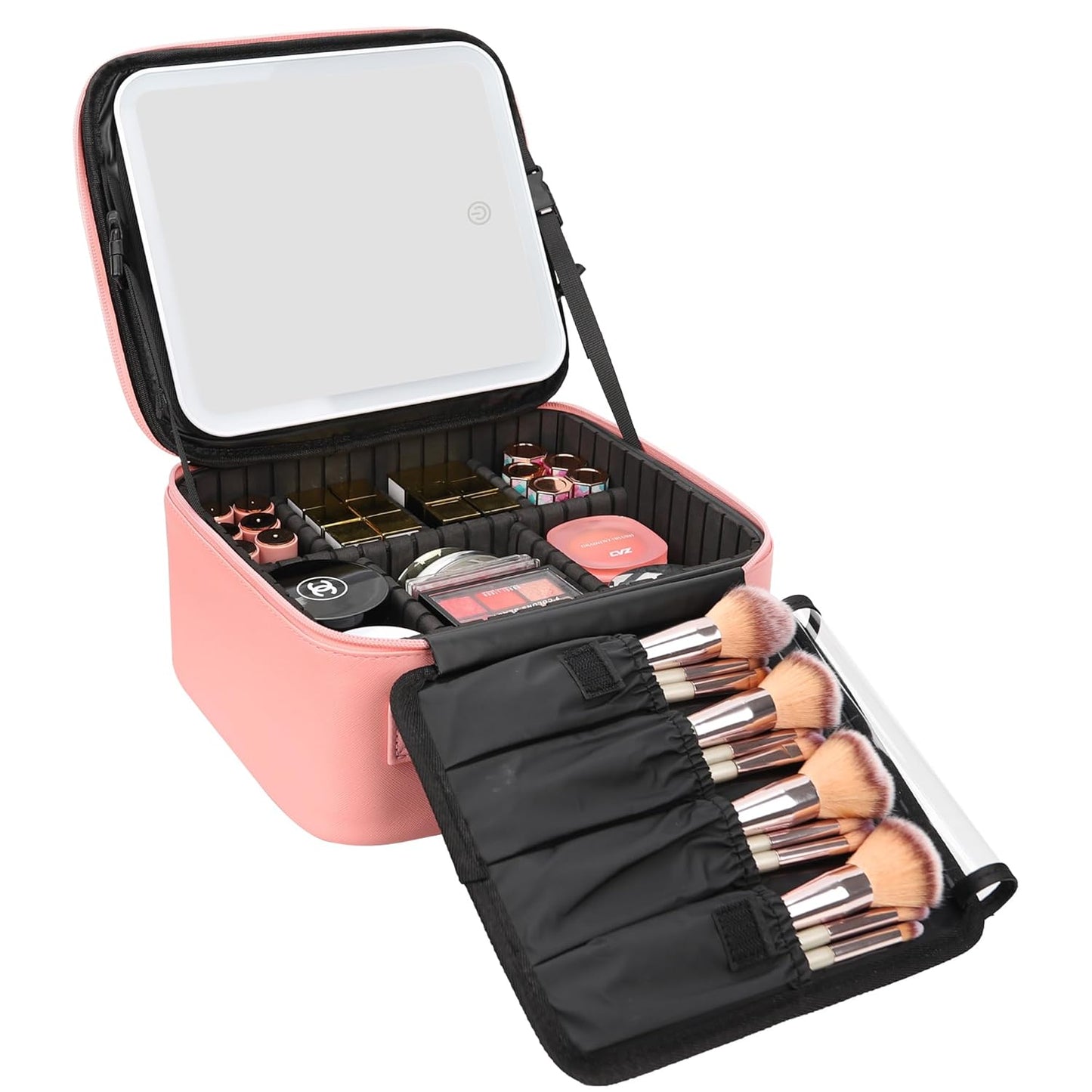 Relavel Travel Makeup Bag With LED Mirror Portable Travel Makeup Organizer 3 Color Adjustable Brightness Waterproof Cosmetic Train Case with Removable Dividers Makeup Storage for Women, Pink