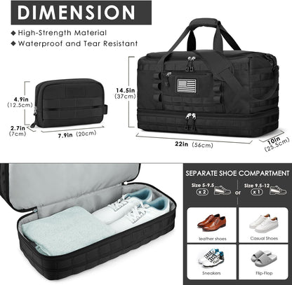 ETRONIK Travel Bag for Men Women, Gym Bag & Tactical Duffle Bags for Travel, Carry on with Toiletry Bag and Shoe Compartment, Weekender Overnight Trip with Wet Pocket for Workout Medical, Black