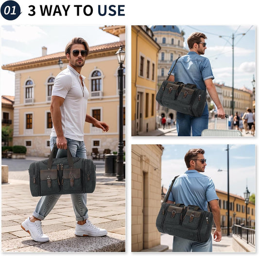 Canvas Duffle Bag with Genuine Leather Accents, Expandable 20-23 Inch Travel Weekender, Multiple Pockets, Black