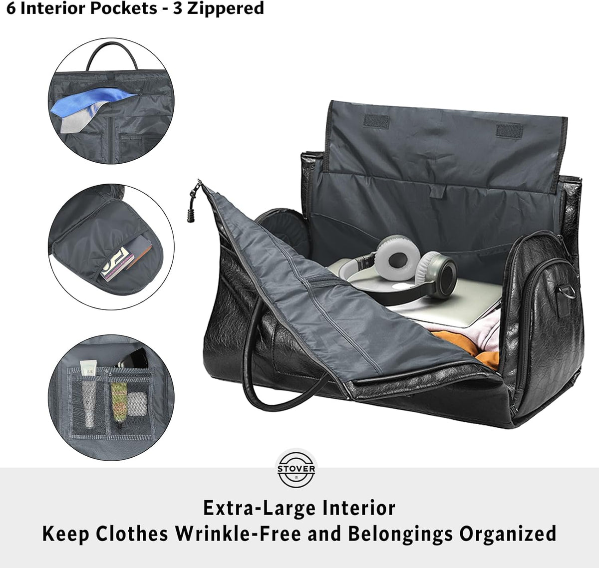 STOVER Garment Travel Duffle Bag, Large 2-in-1 Convertible Carry-on Luggage for Men & Women- Hanging Suits, Dresses & Clothes + Shoe Compartment- Weekender Tote Combo Duffel (Black Leatherette)