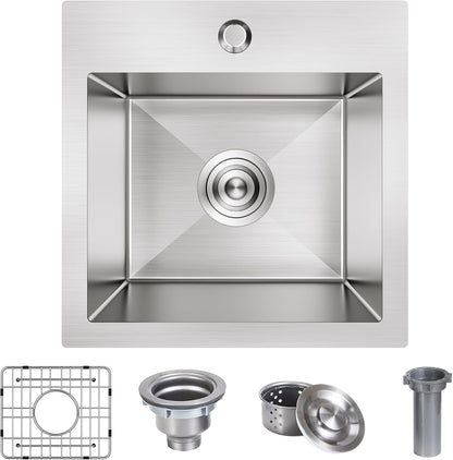 15x15 inch Drop in Bar Sink, 15 inch Small Kitchen Sink Topmount 18 Gauge Single Bowl Stainless Steel Bar Sink with Basket Strainer Drain & Bottom Grid
