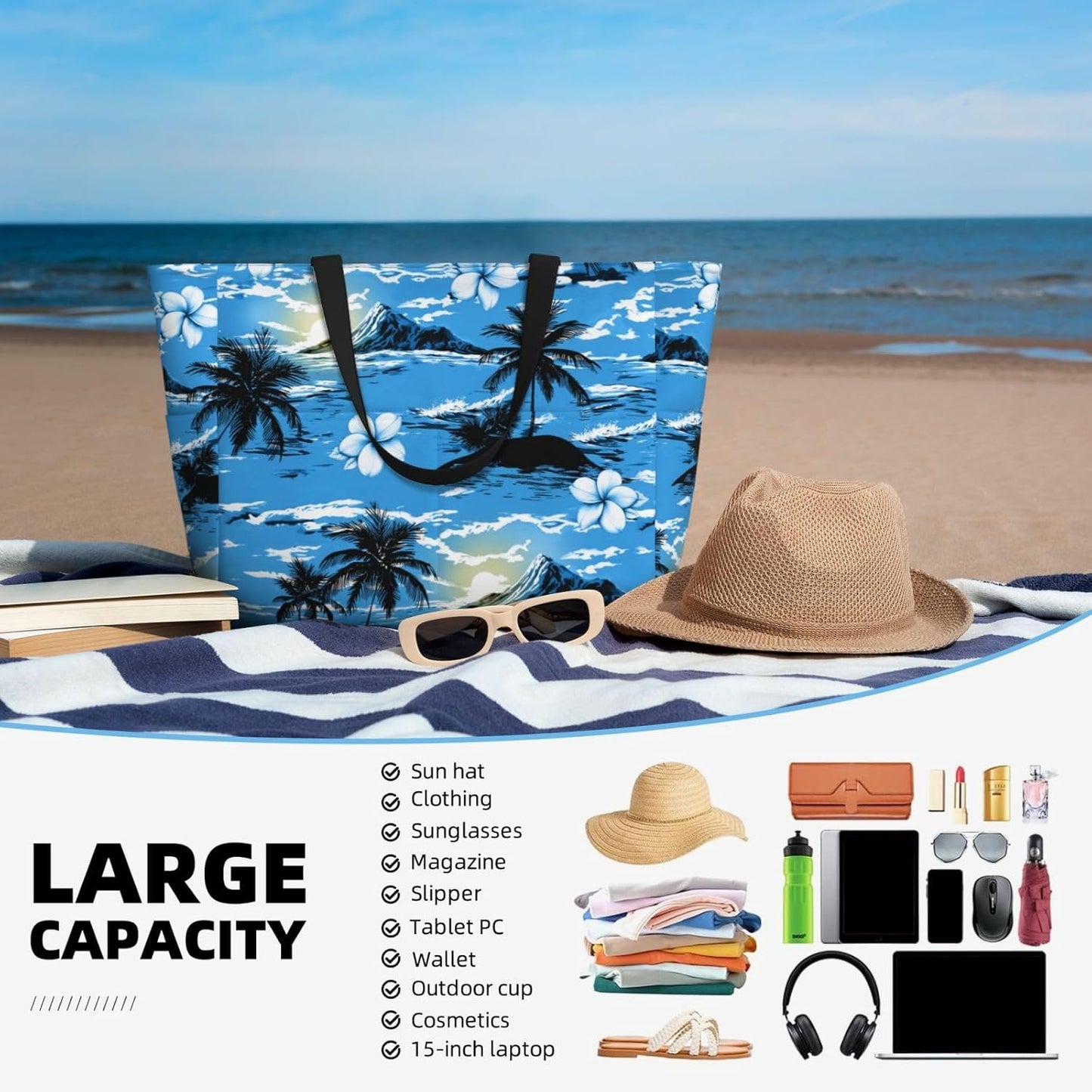 Beach Bag for Women Beach Tote Bag Waterproof Sandproof Large Bags with Zipper Big Capacity for Vacation Travel