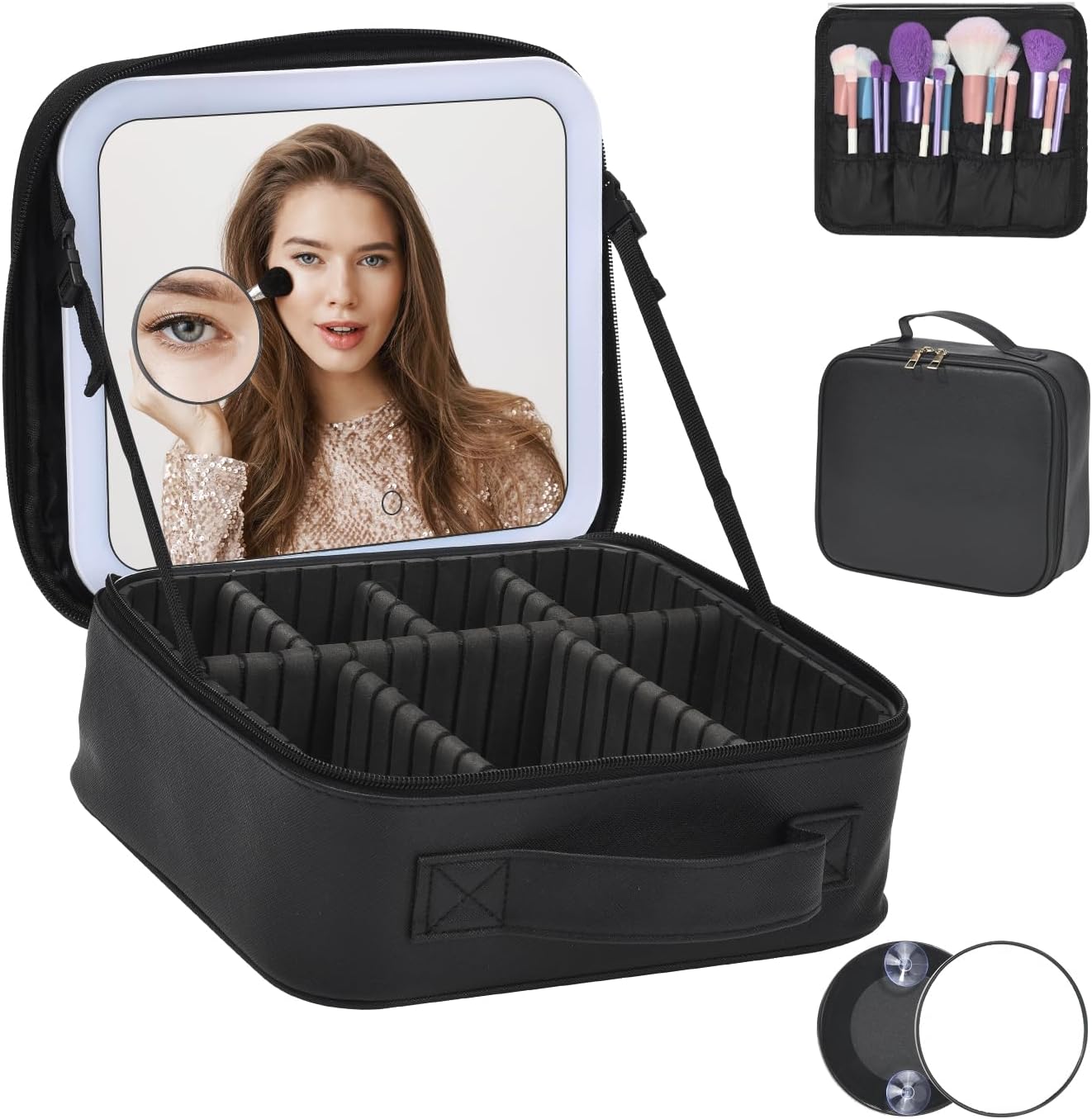 Travel Makeup Bag With LED Mirror,Cosmetic Train Case with 3 Color Setting,Cosmetic Makeup Organizer Bag with Adjustable Dividers,Portable Make up Box with Make up Brushes Holder Storage（Back）