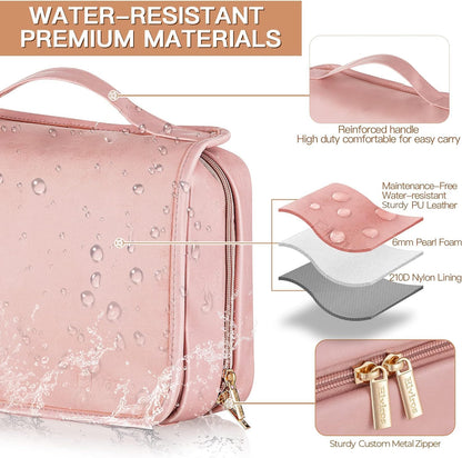 Elviros Hanging Travel Toiletry Bag for Women, 3-in-1 Large Makeup Bag and Cosmetic Organizer, Vegan Leather Waterproof Skincare Case for Travel Size Toiletries and Accessories
