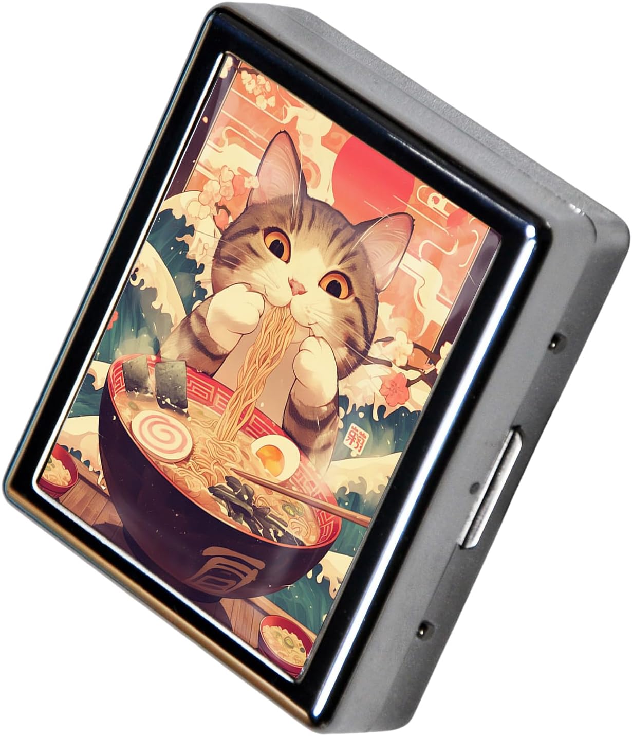 8‑Compartment Metal Pill Box Organizer – Portable Medicine Case 3″×2.6″ | Food‑Grade Dividers | Secure Snap Button Lid | Travel & Gift for Seniors (Ramen Kitty Feast)