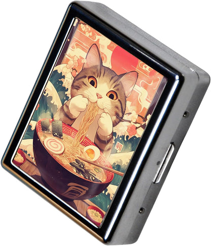8‑Compartment Metal Pill Box Organizer – Portable Medicine Case 3″×2.6″ | Food‑Grade Dividers | Secure Snap Button Lid | Travel & Gift for Seniors (Ramen Kitty Feast)