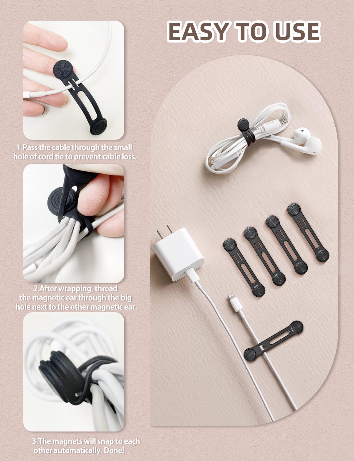 Kanemc Magnetic Ties For Cords, Cord Wrap Silicone Zip Ties Twist Ties Magnet Strap For Smartphone Charger Earphone Video Game USB C Cables (8-Pack, Black)