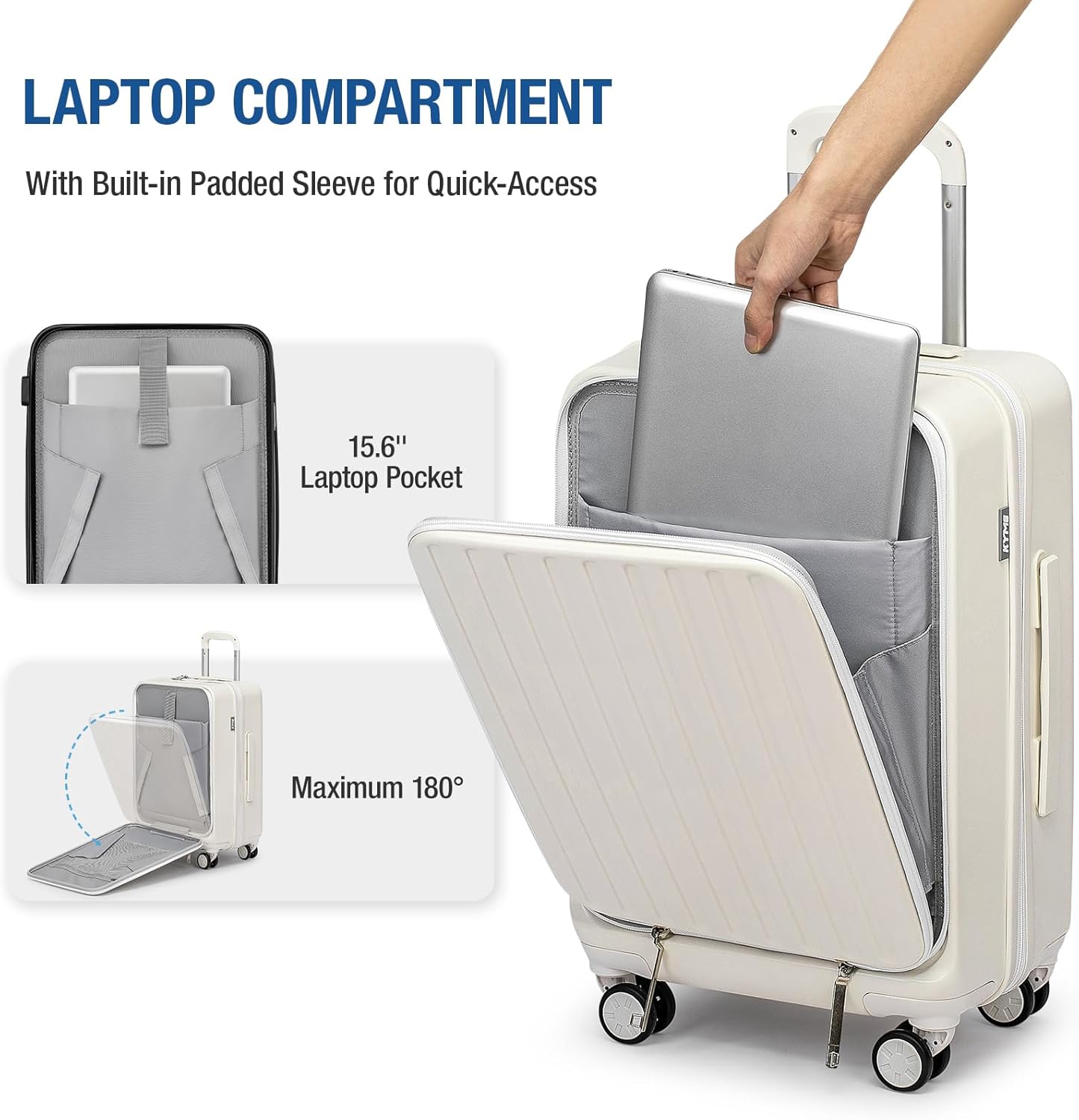 KYME Hardside Carry On Luggage with Laptop Compartment (White, Carry-On 20 Inch)