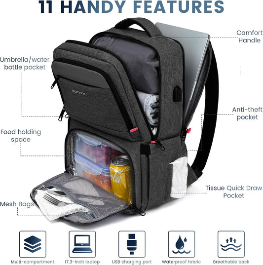 Lunch Backpack, 17.3 Inch Large Lunch Backpack Insulated Cooler Bag Travel Laptop Backpack with USB Port for Men Women, RFID Blocking for Work Picnics Black