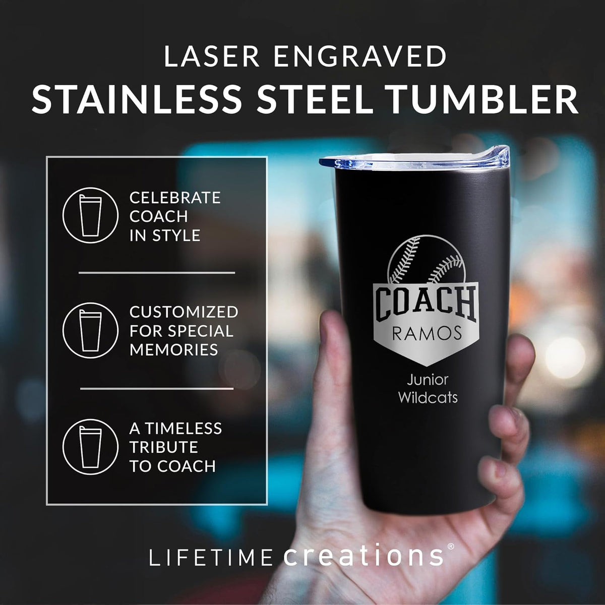 Lifetime Creations Custom Baseball Coach Tumbler - Baseball Coach Gifts for Men, Best Coach, Thank You Coaches, Baseball Senior Night Gifts (Matte Black 20 Ounce Cup)