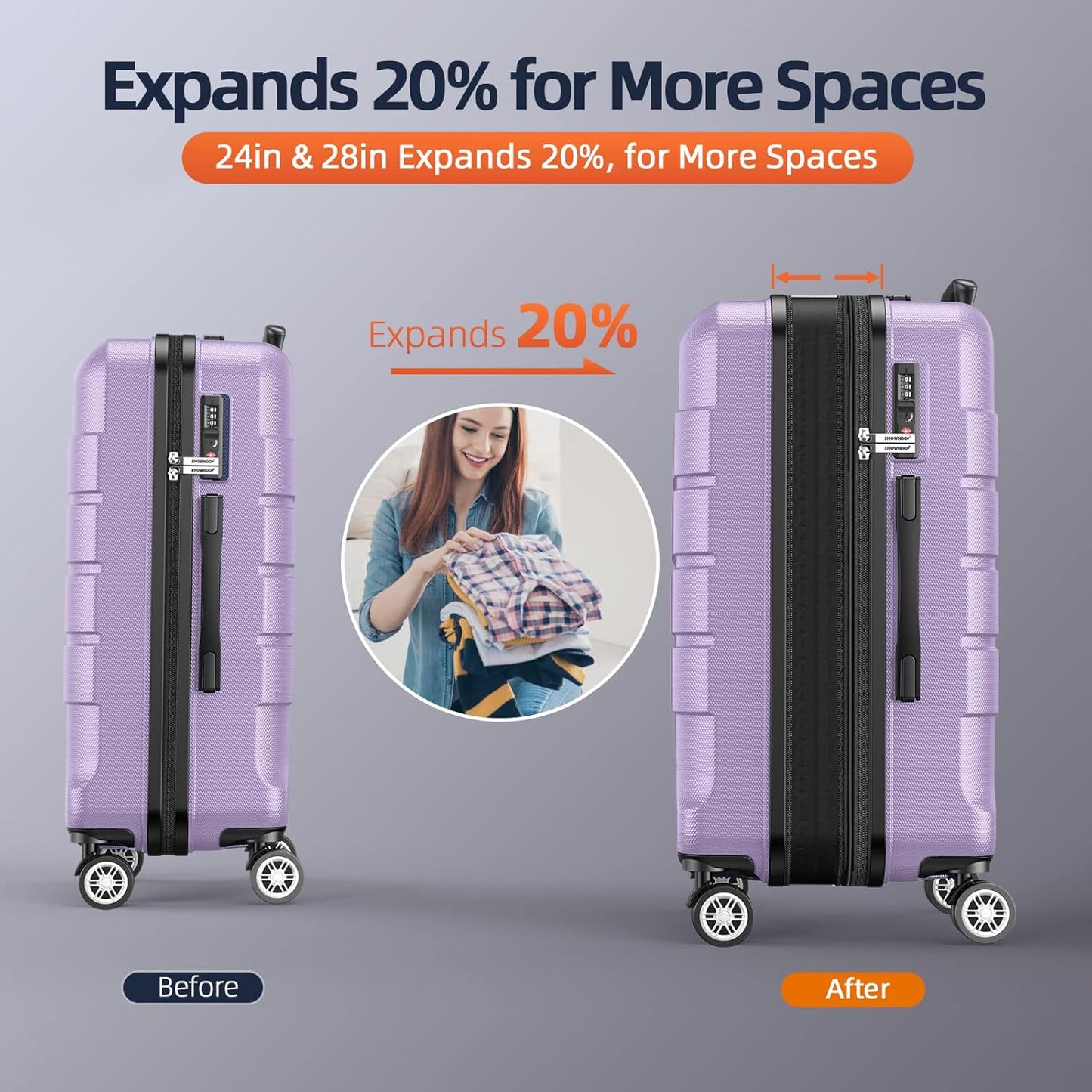 SHOWKOO Luggage Sets Expandable PC+ABS Durable Suitcase Double Wheels TSA Lock Lavender Purple 3pcs