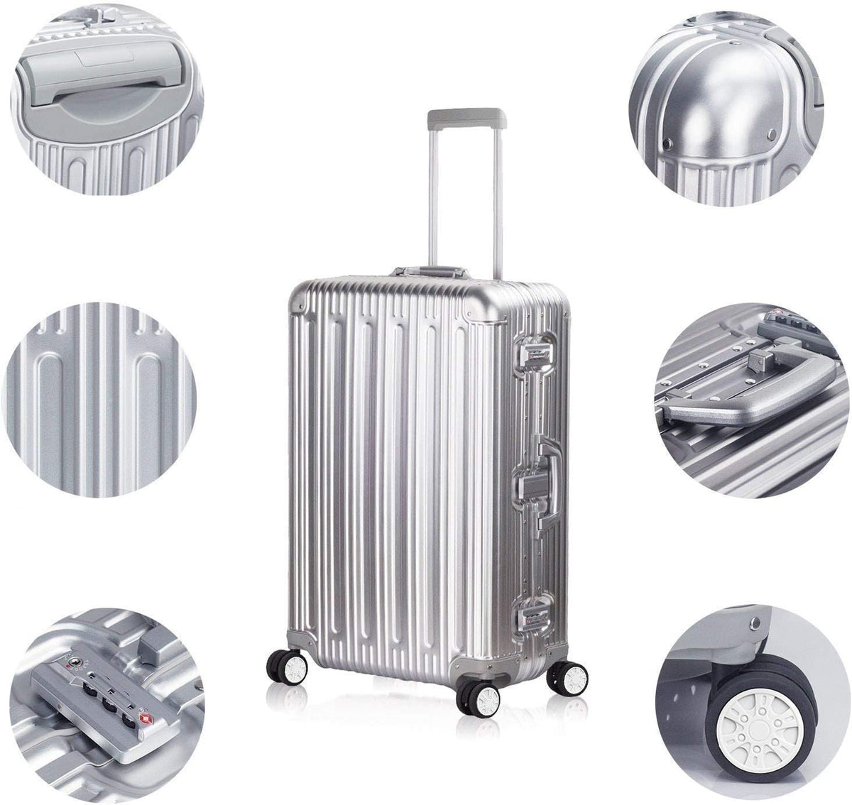 TRAVELKING All Aluminum Luggage Zipperless Hard Shell Suitcase with TSA Lock Spinner Wheels Lightweight Metal Alloy Suitcases (Silver, 24 inch)