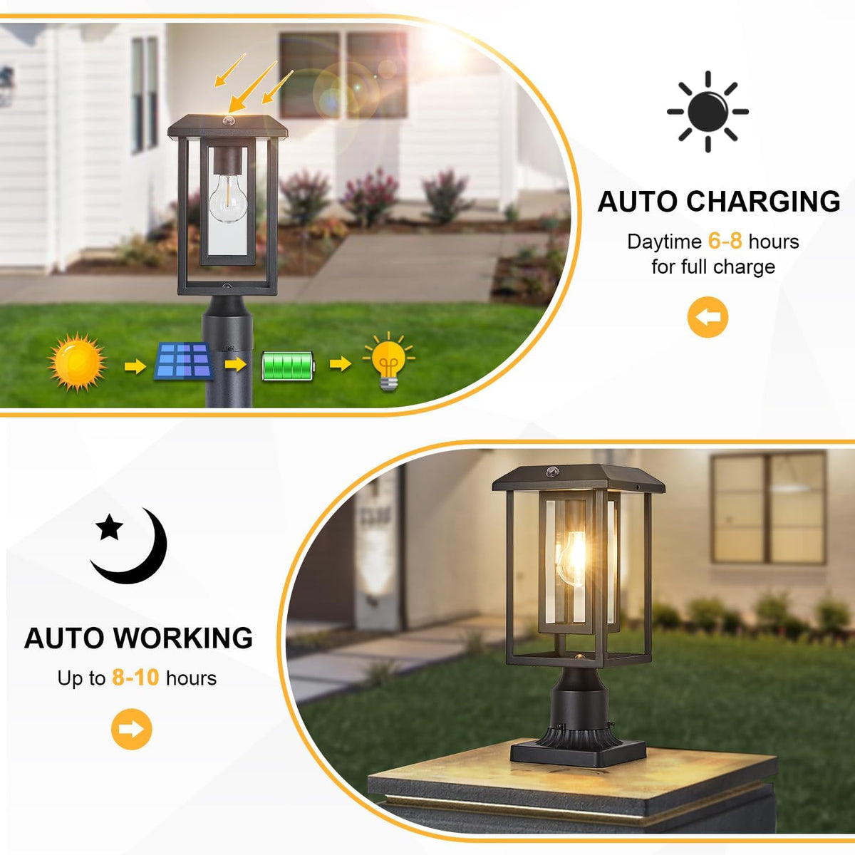 Solar Lamp Post Lights for Outdoor with Pier Mount Base, Dusk to Dawn Pole Light Head with Waterproof, Exterior Solar Powered Pillar Lights Fixture for Yard, Garden, Pathway, Black