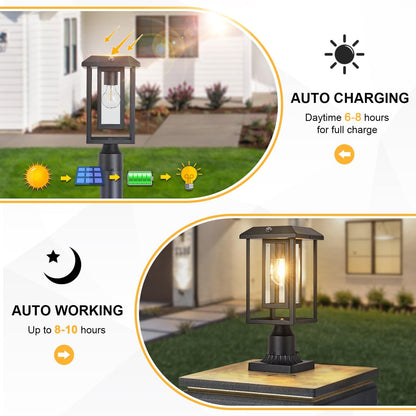Solar Lamp Post Lights for Outdoor with Pier Mount Base, Dusk to Dawn Pole Light Head with Waterproof, Exterior Solar Powered Pillar Lights Fixture for Yard, Garden, Pathway, Black