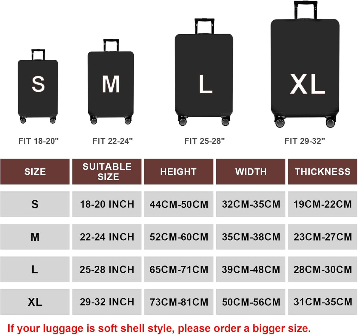 WUJIAONIAO Travel Luggage Cover Baggage Suitcase Cover Protector Skins 18-32 Inch (Pure Black, M (for 22-24 inch luggage))