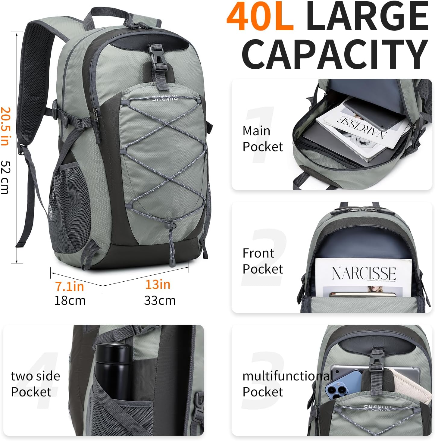 40L Hiking Backpack Lightweight Daypack Waterproof Travel Camping Backpack for Men Women Sport Packable