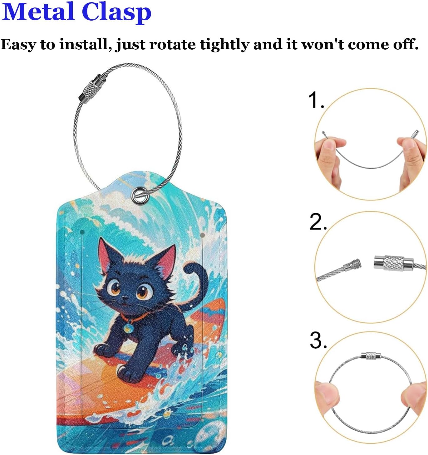 Fun Luggage Tags for Suitcases Leather Name Tag for Luggage Cute Travel Baggage Tags for Carnival Cruise Ships with Funny Patter 2pcs (Surf Cat)