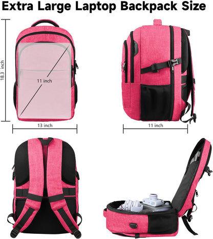 Lapsouno Extra Large Backpack, 17.3 Inch Travel Laptop Backpack, Water Resistant Casual Hiking Daypack, Computer Bag with USB Port, College School Business Carry on Rucksack for Women, Pink