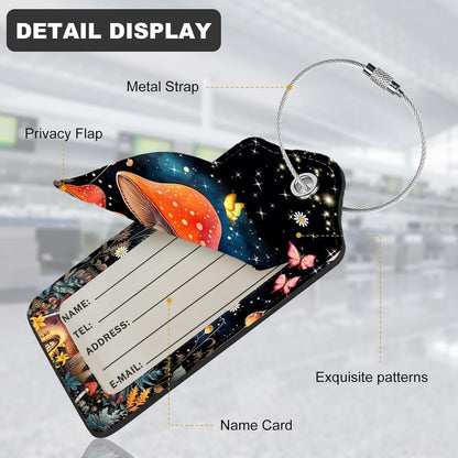 2Pack Luggage Tags for Suitcases, Cute Unique Pu Leather Cruise Luggage Tag with Privacy Cover ID Label Address Card and Metal Ring Suitable for Women Men Kids Travel Bag Mushrooms and The Moon