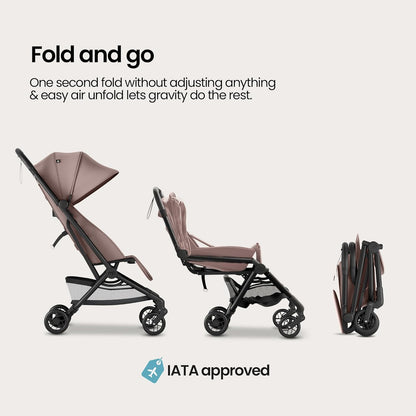 Mompush Velo Lightweight Travel Stroller – One-Hand Fold, Ultra-Compact & Airplane Friendly, Lie-Flat Recline Seat (from Birth to 50 lbs), Includes Cup Holder, Shoulder Strap, and Leather Bumper Bar