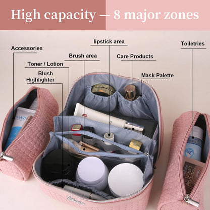 BOYATU Travel Makeup Bags for Women: 3 Set Make up Bags with Compartments - Large Cosmetic Bag - Vegan Leather Makeup Organizer for Traveling (L17 Pink)