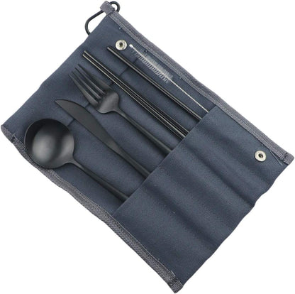 Gugrida Reusable Travel Utensils, 7 Piece Portable 304 Stainless Steel including Knife Fork Spoon Chopsticks Cleaning Brush Straws Portable Pouch, Eco-friendly Camping Silverware Set, Dishwasher Safe