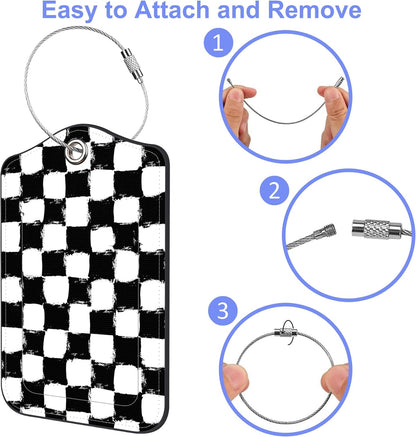 2 Pack Luggage Tags Rainbow Squares and Checkered Flag PU Leather Baggage Tag with Privacy Cover Stainless Steel Loop and Name ID Card for Men Women Travel Bag Luggage Accessories