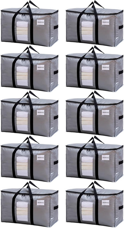 TAILI Extra Large Moving Bags, 10 Pack Silver Heavy Duty Totes For Storage with Visible Window, Wrap Around Handles, Storage Bags for Space Saving, Alternative to Moving Boxes
