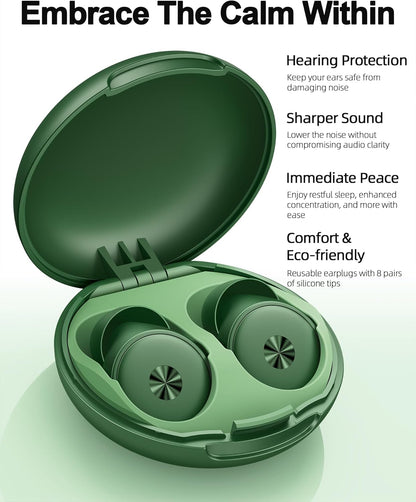 45dB Ear Plugs for Sleeping 0.1oz Ultra-Comfy Noise Cancelling Ear Plugs for Concerts, Deep Focus, Travel, Noise Reduction Ear Plug with 8 Ear Tips Reusable Earplugs with Carry Case Green