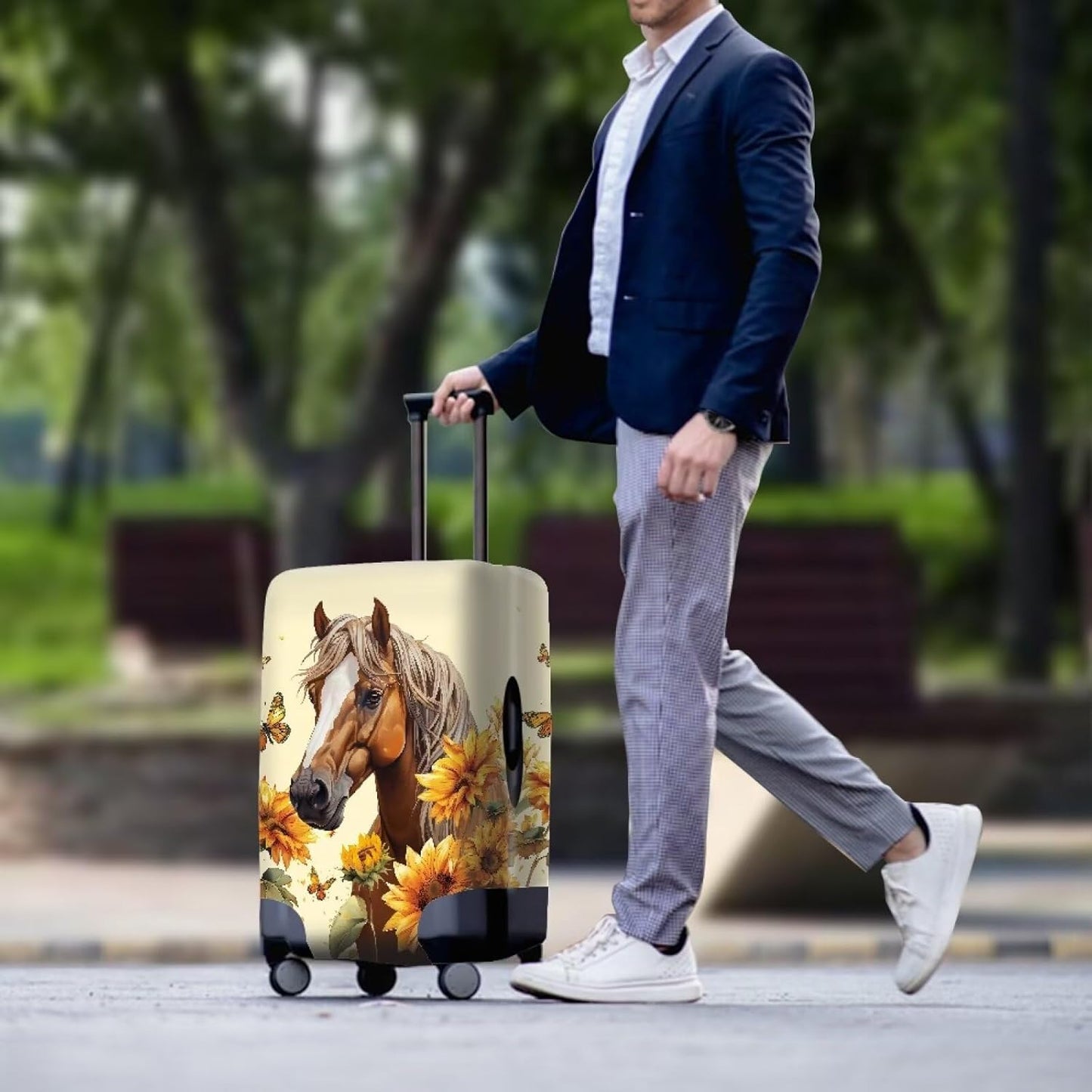 Horse Luggage Cover Universal Zip Suitcase Covers Elastic Spandex Fabric Baggage Cover Protector Butterfly Luggage Covers for Suitcase Non-Slip Baggage Case Covers(Sunflower), 18-21 Inch