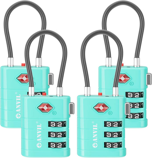 ANVIL TSA Approved Luggage Locks – High Security TSA008 Combination Travel Locks with Inspection Indicator for Suitcases and Backpacks. (4, Cyan)