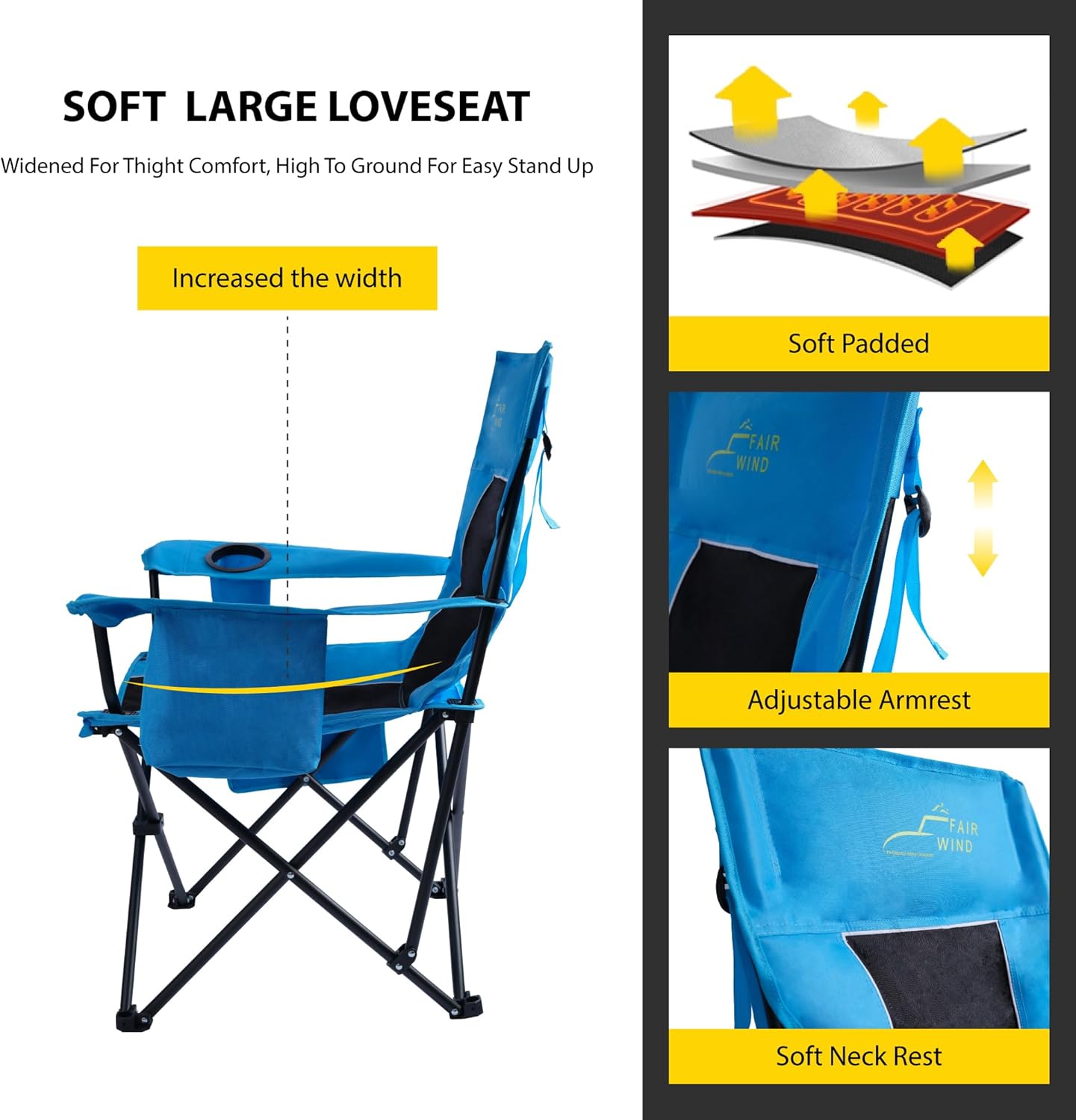 FAIR WIND Oversized Padded Camping Chair with Footrest Stool Heavy Duty Cooler Bag Chair for Fishing, Tailgating, Sports Games, Backyard - Support 300 LBS Blue