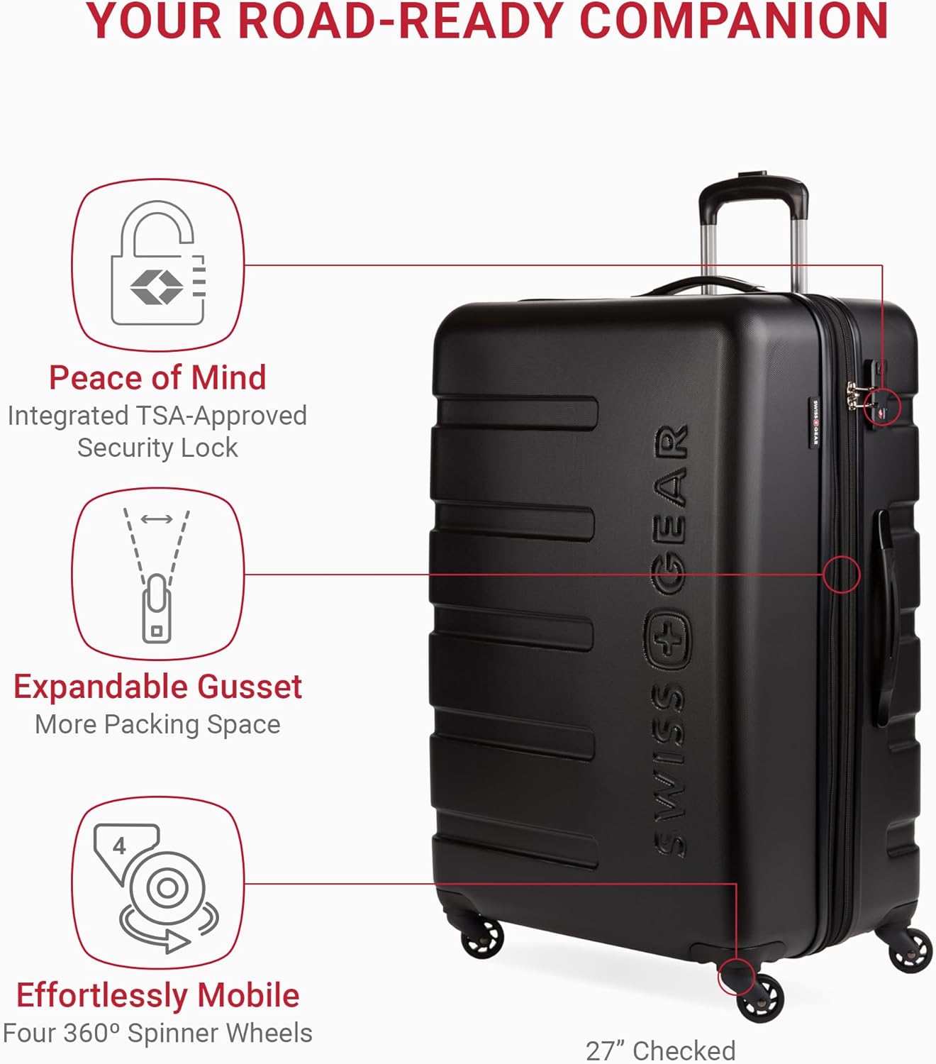 SwissGear 7366 Hardside Expandable Luggage with Spinner Wheels, Black, 3-Piece Set (19/23/27)