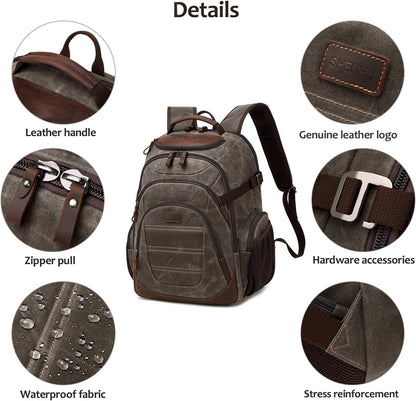 Travel Laptop Backpack 17.3 inch XL Computer Backpack for Men Waxed Canvas College Daypack Business Backpack Green