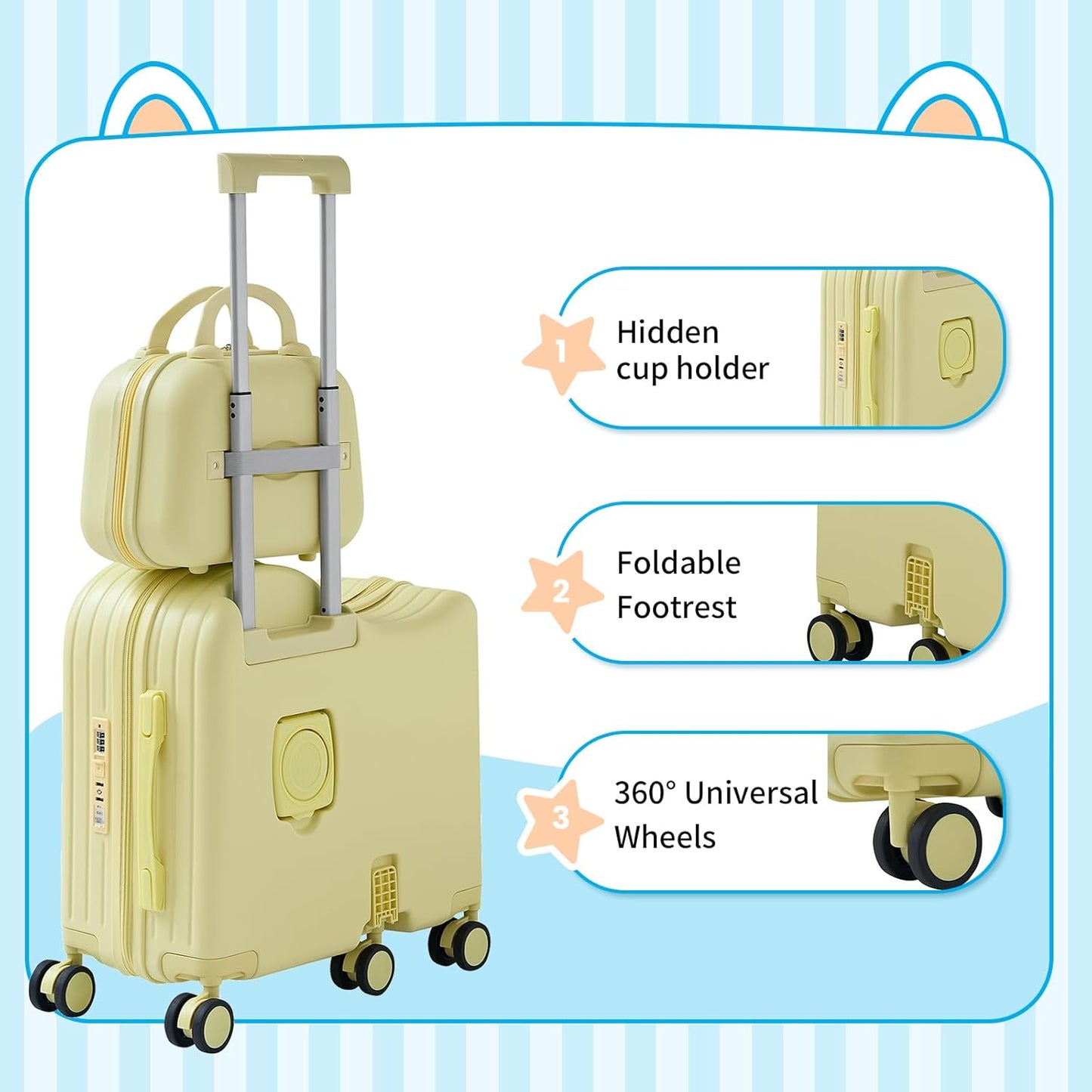 TABU Ride-on Luggage with Handbag for Kids，Hardshell Carry On Suitcase with Hidden Cup Holder, Foldable Pedal,Type-C & USB Interface, TSA Lock, 6-Spinner Wheels, Yellow