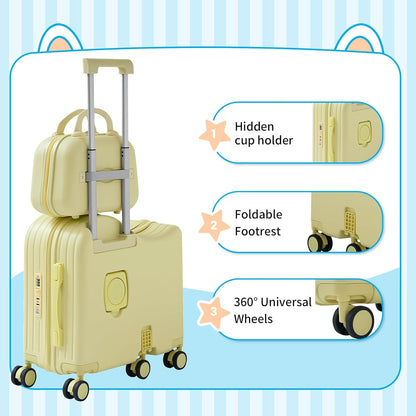 TABU Ride-on Luggage with Handbag for Kids，Hardshell Carry On Suitcase with Hidden Cup Holder, Foldable Pedal,Type-C & USB Interface, TSA Lock, 6-Spinner Wheels, Yellow
