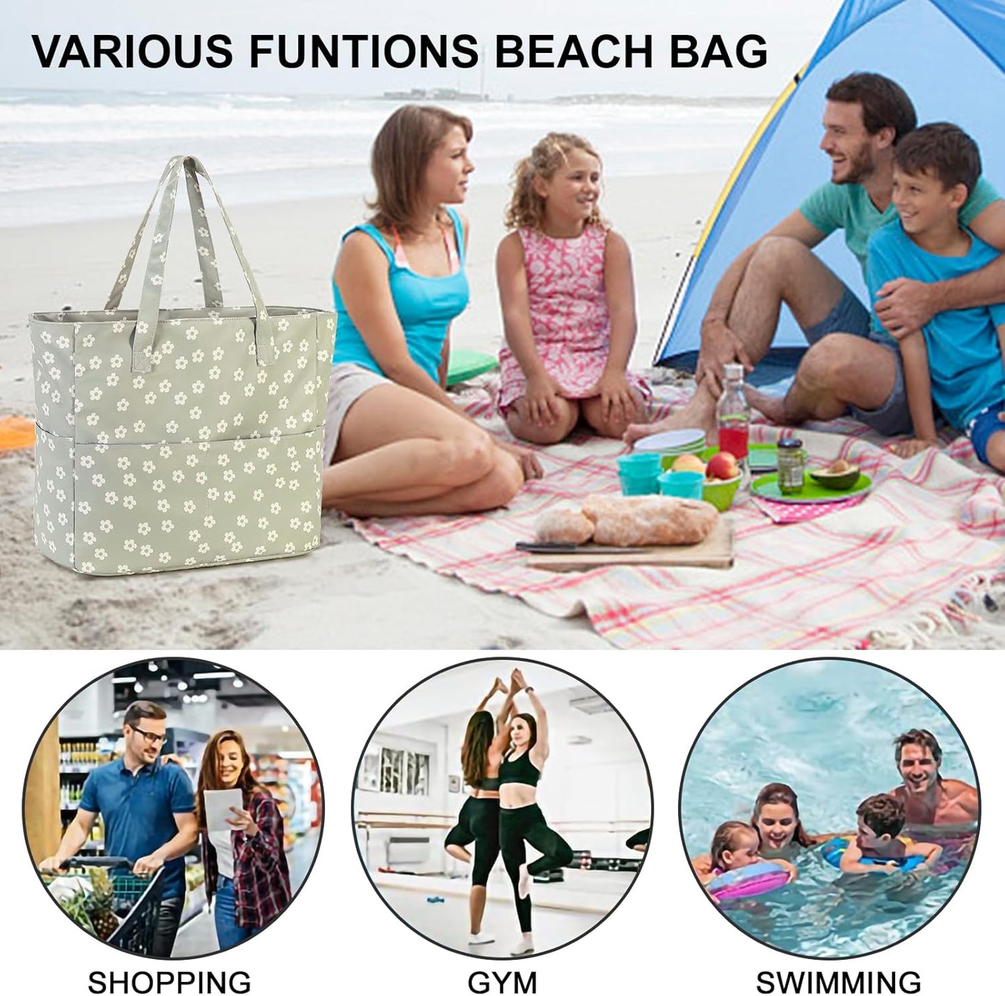 Waterproof Beach Tote Pool Bags for Women Ladies Extra Large Gym Tote Carry On Bag With Wet Compartment for Weekender Travel