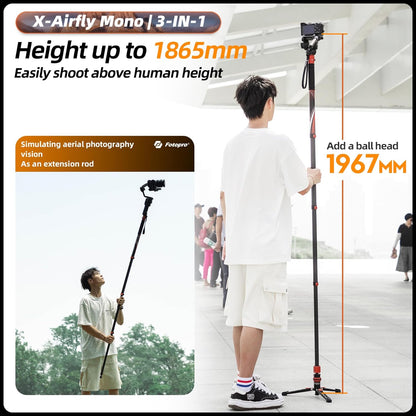 Fotopro Carbon Fiber 3-in-1 Monopod, 73" Travel Monopod with Feet, Max Load 22lbs for DSLR Camera Stabilizer, X-Airfly Mono Grey