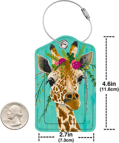 2 Pack Luggage Tag for Suitcase, Cute Unique Leather Bag Tags Identifiers Privacy Cover ID Label with Durable Steel Loop for Women Men Kids Girls Travel, Giraffe
